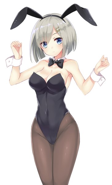 Anime picture 700x1152 with kantai collection hamakaze destroyer harimoji single tall image looking at viewer fringe short hair breasts blue eyes light erotic simple background white background animal ears cleavage grey hair hair over one eye bunny ears fake animal ears girl