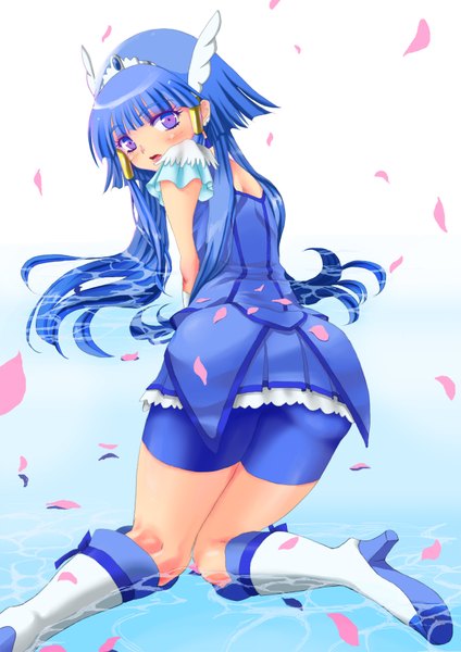 Anime picture 1240x1754 with precure smile precure! aoki reika cure beauty single long hair tall image open mouth light erotic purple eyes blue hair head wings girl dress petals