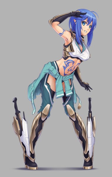 Anime picture 760x1200 with original pinakes single long hair tall image blue eyes simple background smile blue hair pointy ears grey background armpit (armpits) tattoo girl gloves navel weapon sword