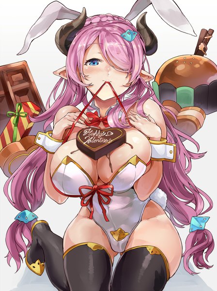 Anime picture 896x1200 with granblue fantasy narmaya (granblue fantasy) himuro (dobu no hotori) single long hair tall image looking at viewer blush fringe breasts blue eyes light erotic large breasts white background sitting twintails bare shoulders holding animal ears tail