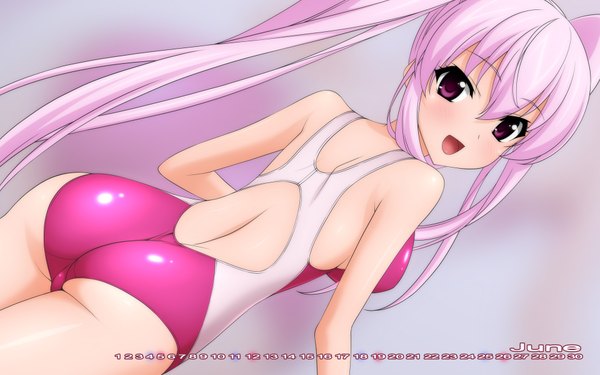 Anime picture 1920x1200 with original wave ride single looking at viewer blush highres open mouth light erotic purple eyes twintails pink hair ass very long hair back calendar 2016 girl swimsuit one-piece swimsuit competition swimsuit calendar