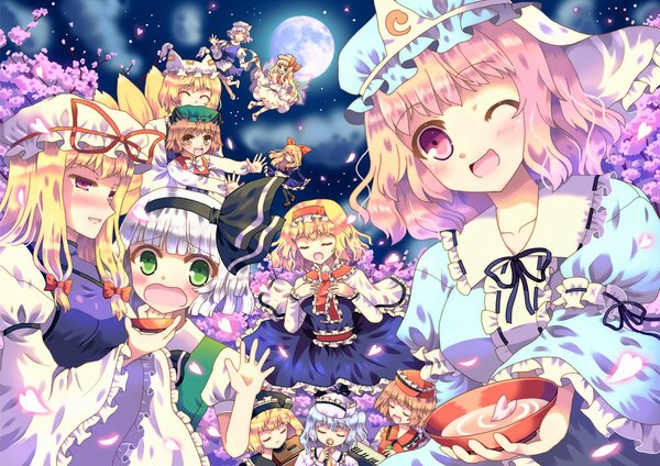 Anime picture 1023x723 with touhou konpaku youmu yakumo yukari saigyouji yuyuko alice margatroid yakumo ran chen shanghai lily white letty whiterock lunasa prismriver lyrica prismriver merlin prismriver hazakura satsuki long hair blush short hair open mouth blonde hair brown hair