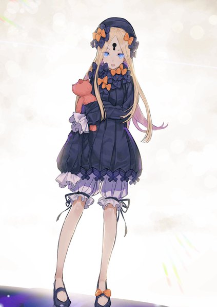 Anime picture 1444x2048 with fate (series) fate/grand order abigail williams (fate) teshima nari single long hair tall image looking at viewer open mouth blue eyes blonde hair standing full body long sleeves wind girl dress bow hair bow hat
