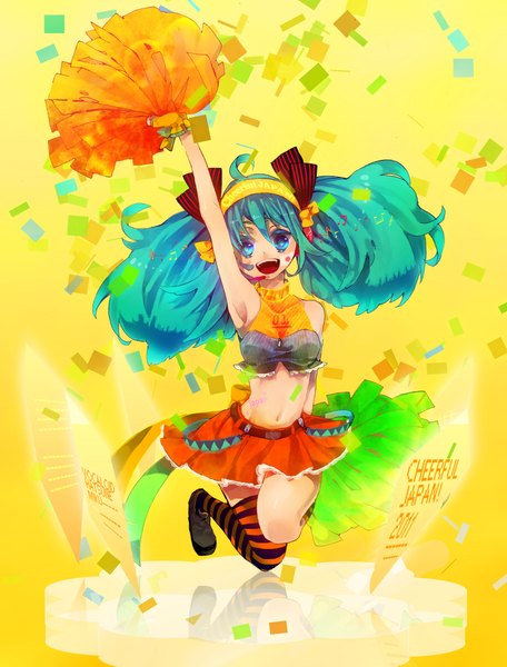 Anime picture 1706x2241 with vocaloid hatsune miku single long hair tall image highres open mouth blue eyes twintails ahoge aqua hair sleeveless reflection jumping yellow background cheerleader girl thighhighs miniskirt fingerless gloves