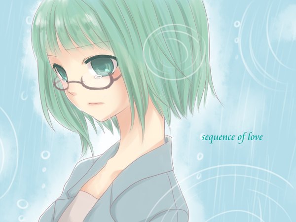 Anime picture 1400x1050 with vocaloid gumi yayoi (pixiv182527) single short hair green eyes green hair tears rain girl glasses