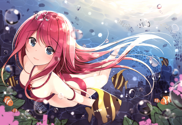 Anime picture 900x620 with original netarou single long hair looking at viewer breasts open mouth blue eyes light erotic red hair underwater girl swimsuit animal bikini bubble (bubbles) fish (fishes) red bikini