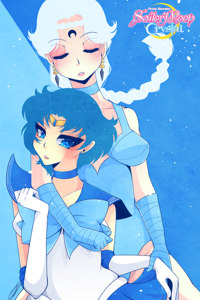 Anime picture 667x1000 with bishoujo senshi sailor moon toei animation mizuno ami sailor mercury beruche (sailor moon) thanatosrising long hair tall image blush short hair blue eyes light erotic simple background multiple girls blue hair white hair braid (braids) eyes closed head tilt grey hair