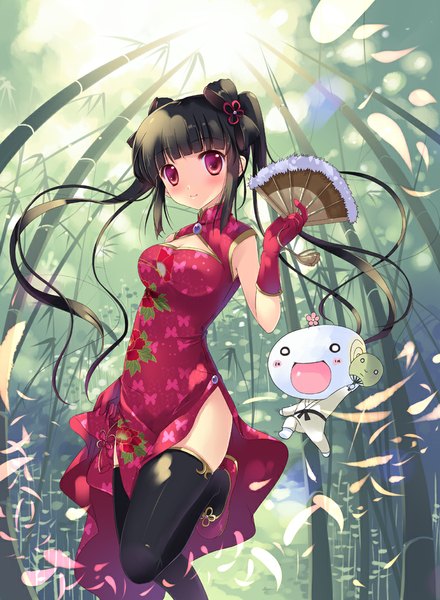 Anime picture 786x1072 with original sousouman single long hair tall image blush black hair red eyes twintails chinese clothes girl thighhighs gloves bow black thighhighs plant (plants) hair bow fan chinese dress bamboo