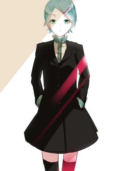 Anime picture 1709x2418 with koyaya (sorano) single tall image looking at viewer fringe highres short hair standing green eyes aqua hair :o zettai ryouiki light pale skin hands in pockets different thighhighs girl thighhighs hair ornament bobby pin