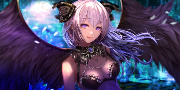 Anime picture 1371x685 with original jname single long hair looking at viewer light erotic wide image purple eyes purple hair blurry teeth fang (fangs) demon girl black wings succubus girl petals wings lingerie headdress