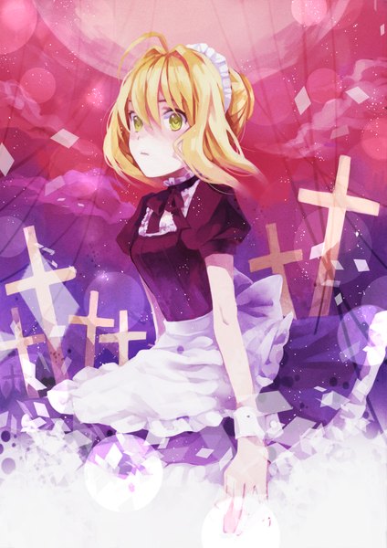 Anime picture 1181x1670 with fate (series) fate/stay night studio deen type-moon artoria pendragon (all) saber koyuiko single tall image looking at viewer blush short hair blonde hair sitting green eyes ahoge maid girl headdress maid headdress