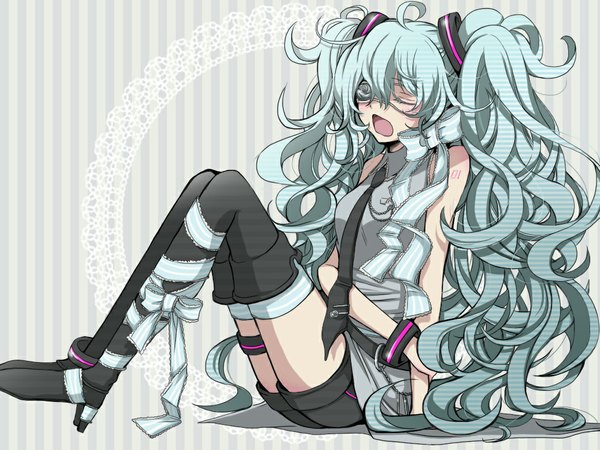 Anime picture 1024x768 with vocaloid hatsune miku inukai (g a) single long hair open mouth twintails ahoge eyes closed aqua hair striped curly hair striped background girl thighhighs bow ribbon (ribbons) eyepatch