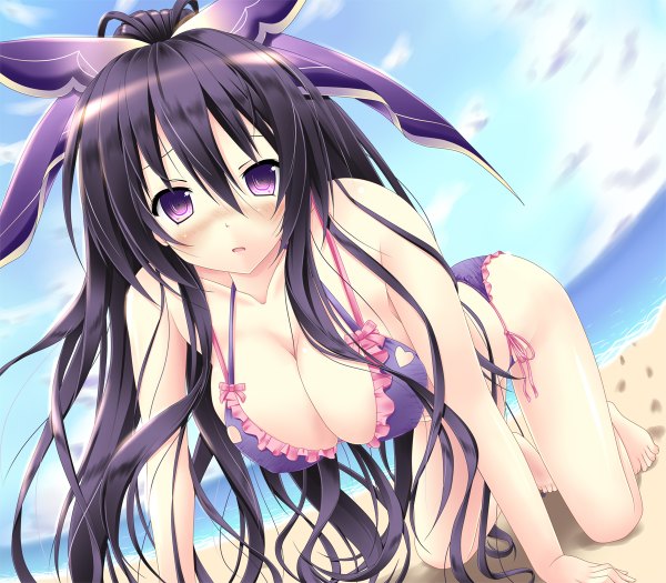 Anime picture 1200x1050 with date a live yatogami tooka akairo no mako long hair looking at viewer blush breasts open mouth light erotic large breasts purple eyes sky purple hair cloud (clouds) beach girl hair ornament swimsuit bikini sea