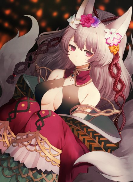 Anime picture 877x1200 with original harano single long hair tall image looking at viewer breasts light erotic red eyes bare shoulders animal ears silver hair tail animal tail hair flower girl dress hair ornament flower (flowers)
