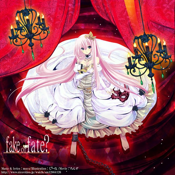 Anime picture 1000x1000 with vocaloid megurine luka single long hair blue eyes sitting pink hair very long hair barefoot inscription red background girl dress gloves hair ornament elbow gloves chain curtains jewelry mask