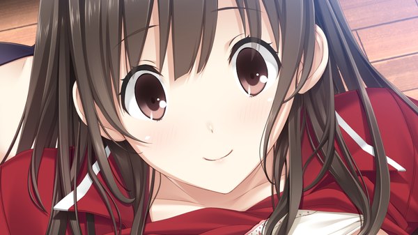 Anime picture 1280x720 with kiss bell giga takahata chiharu long hair looking at viewer black hair smile wide image brown eyes game cg girl