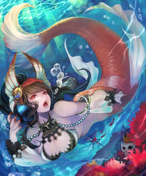Anime picture 2500x3000 with original settyaro single long hair tall image highres open mouth red eyes brown hair looking away underwater girl detached sleeves bubble (bubbles) beads skull watercraft ship mermaid