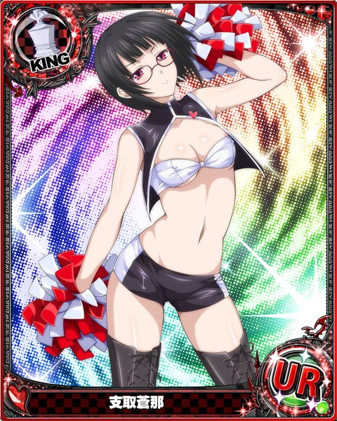Anime picture 640x800 with highschool dxd sona sitri single tall image looking at viewer short hair breasts light erotic black hair purple eyes midriff card (medium) cheerleader girl navel glasses shorts boots short shorts thigh boots