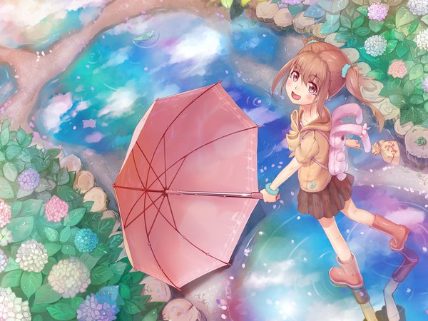 Anime picture 1600x1200 with original kamome yuu single long hair blush open mouth brown hair twintails brown eyes reflection girl skirt flower (flowers) miniskirt boots umbrella sweater