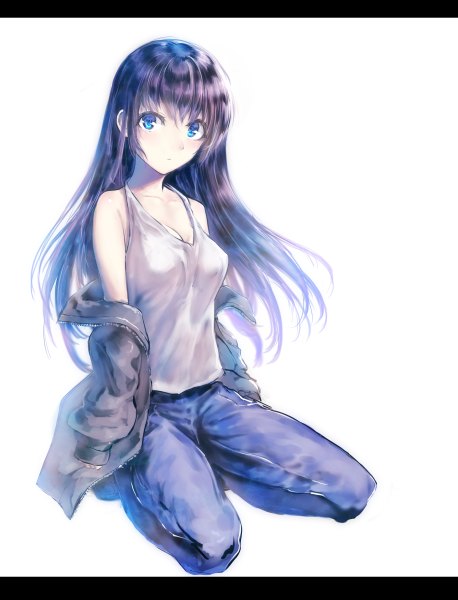 Anime picture 916x1200 with original iori (cpeilad) single long hair tall image looking at viewer blush fringe blue eyes simple background white background sitting bare shoulders blue hair pink hair purple hair bent knee (knees) multicolored hair open clothes open jacket