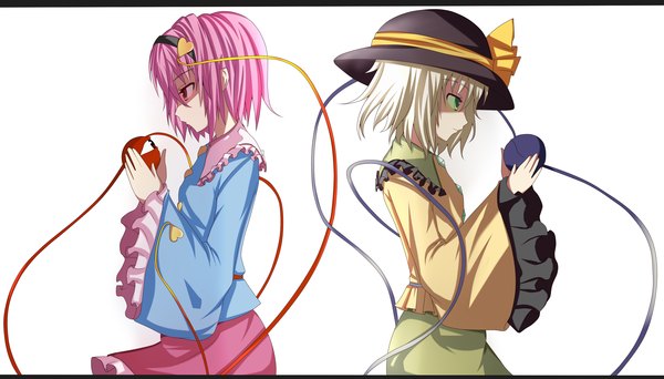 Anime picture 3500x2000 with touhou komeiji koishi komeiji satori furagu (artist) highres short hair simple background red eyes wide image white background multiple girls green eyes pink hair white hair eyes girl dress 2 girls hat hairband