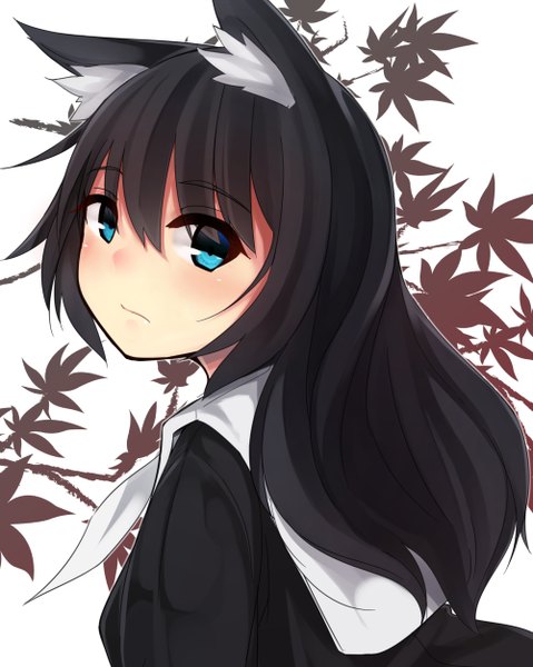 Anime picture 1000x1252 with original otokuyou single long hair tall image looking at viewer blush fringe blue eyes black hair animal ears looking back cat ears close-up girl leaf (leaves) maple leaf