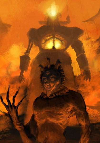 Anime picture 620x886 with the elder scrolls the elder scrolls iii: morrowind dagoth ur youhey tall image bare shoulders looking away arm up fingernails blurry bare belly armpit (armpits) long fingernails muscle smirk lava boy navel mask fire
