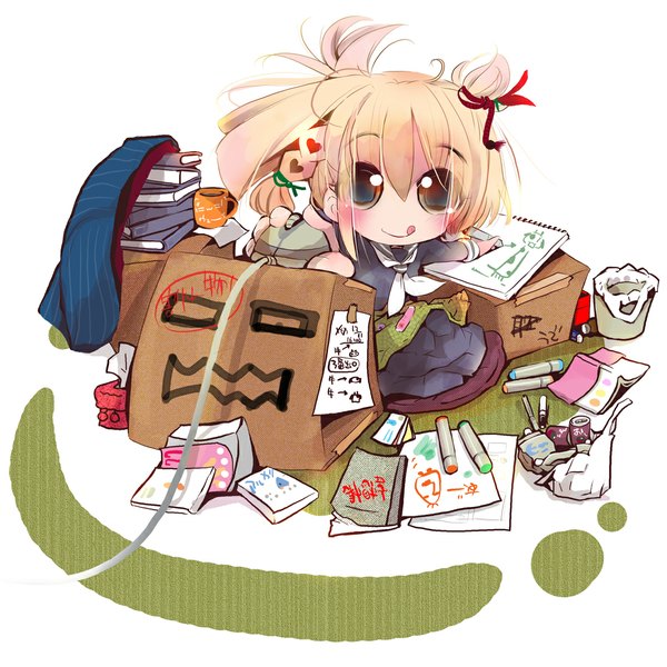 Anime picture 1100x1100 with original oekaki musume (qpixiv) single blush short hair blonde hair smile chibi girl ribbon (ribbons) heart tongue book (books) pen