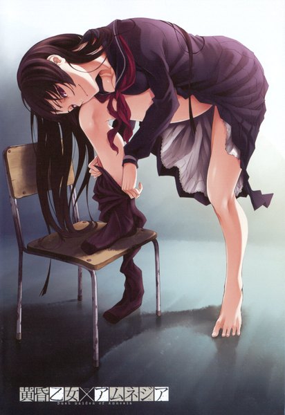 Anime picture 1100x1600 with tasogare otome x amnesia silver link kanoe yuuko maybe single long hair tall image looking at viewer red eyes brown hair barefoot black eyes scan official art girl uniform school uniform pantyhose chair