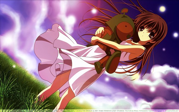 Anime picture 1920x1200 with clannad key (studio) girl from the illusionary world illusionary girl single long hair highres brown hair wide image brown eyes girl dress white dress