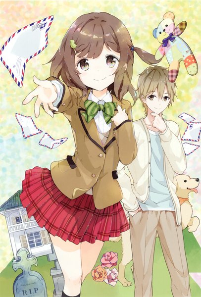 Anime picture 1864x2751 with yochimu ga kuru! suzuki rin (yochimu ga kuru!) kitano kouhei tiv tall image looking at viewer highres short hair smile brown hair brown eyes couple girl boy skirt uniform flower (flowers) school uniform animal bowtie