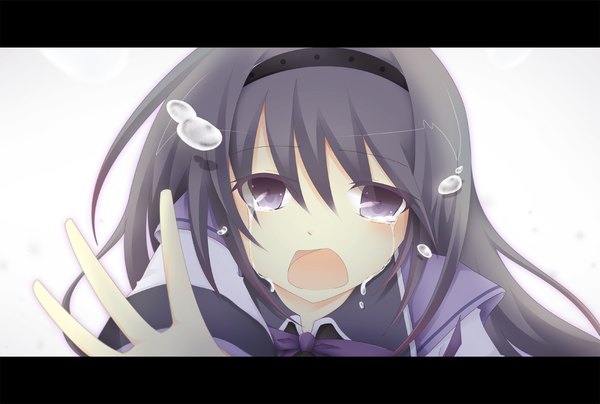 Anime picture 1736x1169 with mahou shoujo madoka magica shaft (studio) akemi homura mokoppe single long hair looking at viewer highres open mouth black hair simple background white background purple eyes tears letterboxed crying girl hairband