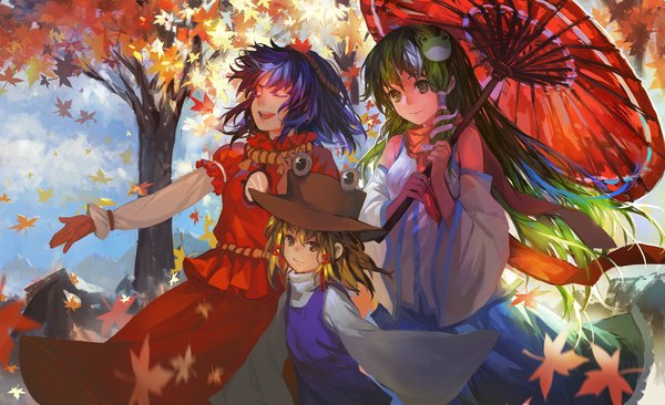 Anime picture 2000x1222 with touhou kochiya sanae moriya suwako yasaka kanako zrero long hair highres short hair open mouth blonde hair wide image multiple girls brown eyes green eyes looking away purple hair eyes closed long sleeves traditional clothes green hair