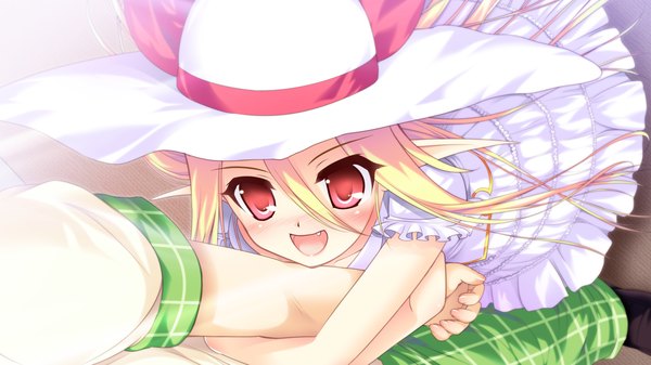 Anime picture 1280x720 with colorful cure moric (artist) long hair blush open mouth blonde hair red eyes wide image game cg teeth loli fang (fangs) girl hat sundress