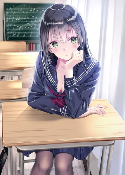 Anime picture 1276x1789 with original kobayashi chisato single long hair tall image looking at viewer blush fringe breasts black hair hair between eyes sitting green eyes cleavage indoors long sleeves parted lips head tilt head rest classroom