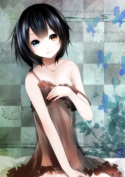 Anime picture 1000x1414 with original tate (donnguriumai) single tall image looking at viewer short hair breasts blue eyes black hair sitting yellow eyes heterochromia flat chest checkered checkered background girl insect butterfly nightie