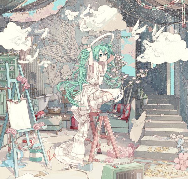 Anime picture 1873x1785 with vocaloid hatsune miku ixima single long hair highres blue eyes holding cloud (clouds) bent knee (knees) indoors barefoot green hair arms up alternate costume squat pale skin girl wings star (symbol)