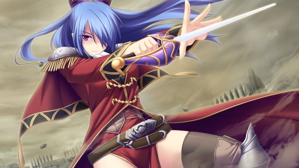 Anime picture 1280x720 with madou koukaku eushully long hair fringe wide image purple eyes blue hair game cg hair over one eye girl thighhighs weapon black thighhighs sword