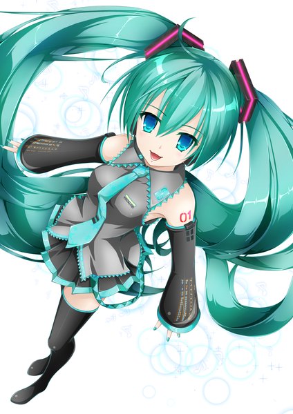 Anime picture 1240x1754 with vocaloid hatsune miku arkcide (artist) single tall image open mouth smile white background twintails very long hair nail polish pleated skirt aqua eyes from above aqua hair tattoo girl thighhighs skirt black thighhighs