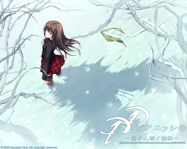 Anime picture 1280x1024 with pianissimo shirakawa ayane sugina miki single long hair looking at viewer fringe blue eyes hair between eyes brown hair pleated skirt looking back from above wind scan official art shadow copyright name partially submerged hieroglyph