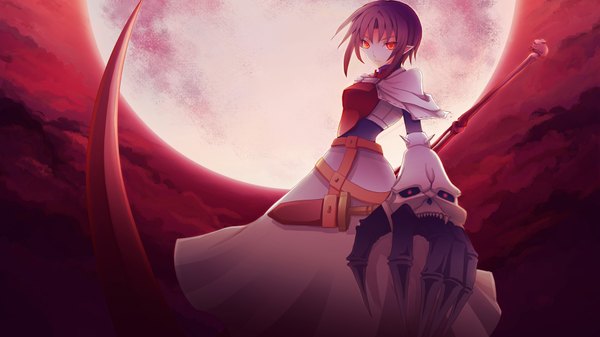 Anime picture 1920x1080 with idea factory hillo asc (sfhiro) single highres short hair red eyes wide image purple hair cloud (clouds) pointy ears red moon girl dress weapon skull scythe