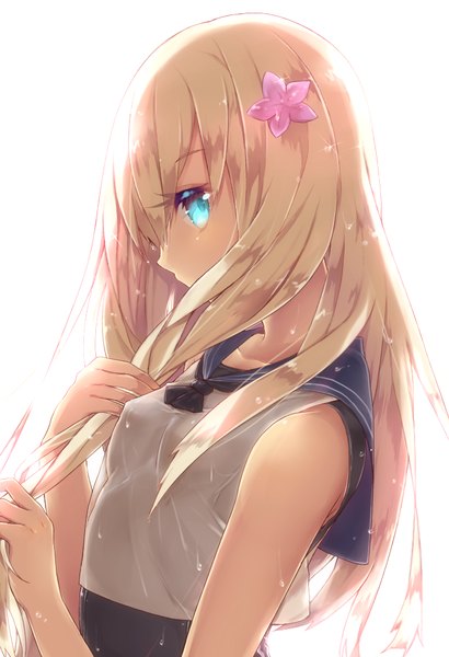 Anime picture 700x1024 with kantai collection ro-500 submarine sakofu single long hair tall image looking at viewer fringe light erotic simple background blonde hair white background bare shoulders upper body profile hair flower aqua eyes wet adjusting hair girl