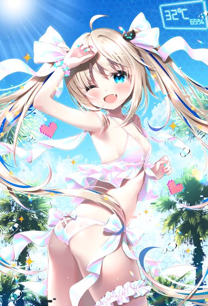 Anime picture 1295x1902 with virtual youtuber indie virtual youtuber uchuuneko (vtuber) uchuuneko single tall image looking at viewer blush breasts open mouth light erotic blonde hair smile standing twintails payot sky cloud (clouds) ahoge outdoors