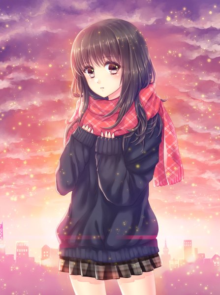 Anime picture 1058x1420 with original unohanatei single long hair tall image looking at viewer black hair brown eyes evening snowing sunset girl skirt scarf sweater