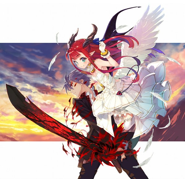 Anime picture 1082x1050 with kakute yoake no daybreaker merian (kakute yoake no daybreaker) adashino kouta shirabi long hair looking at viewer blush short hair smile red eyes bare shoulders looking away sky cloud (clouds) red hair tail horn (horns) aqua eyes pointy ears grey hair