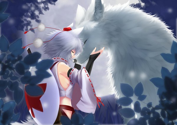 Anime picture 1169x827 with touhou inubashiri momiji langlong short hair animal ears white hair eyes closed girl boy weapon hat detached sleeves animal sword leaf (leaves) shield