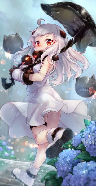 Anime picture 700x1354 with kantai collection northern ocean hime ks single long hair tall image looking at viewer red eyes white hair loli turning head rain shinkaisei-kan girl dress gloves flower (flowers) shoes white dress monster