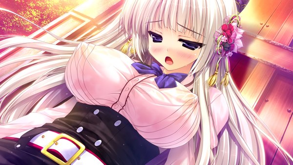 Anime picture 2560x1440 with prism recollection ashwin aina shintarou single long hair blush highres breasts open mouth blue eyes light erotic wide image large breasts game cg white hair hair flower erect nipples covered nipples girl hair ornament