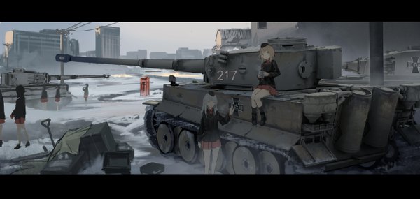 Anime picture 5000x2381 with girls und panzer nishizumi miho itsumi erika renatus z long hair looking at viewer fringe highres open mouth brown hair wide image sitting multiple girls holding brown eyes absurdres outdoors pleated skirt grey hair blurry