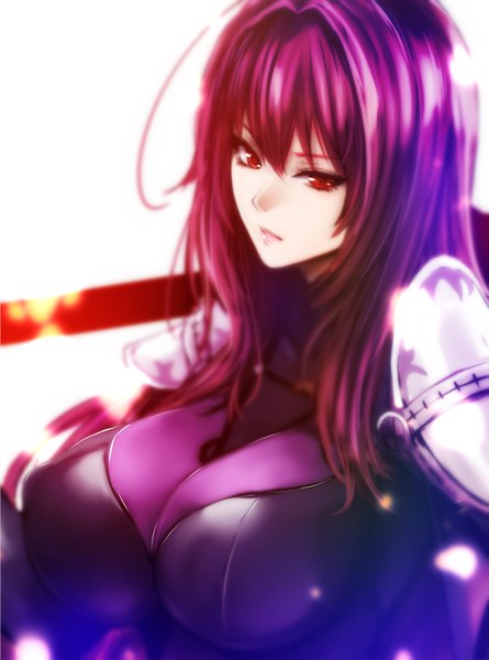 Anime picture 742x1000 with fate (series) fate/grand order scathach (fate) (all) scathach (fate) zucchini single long hair tall image fringe breasts light erotic hair between eyes red eyes large breasts looking away purple hair girl